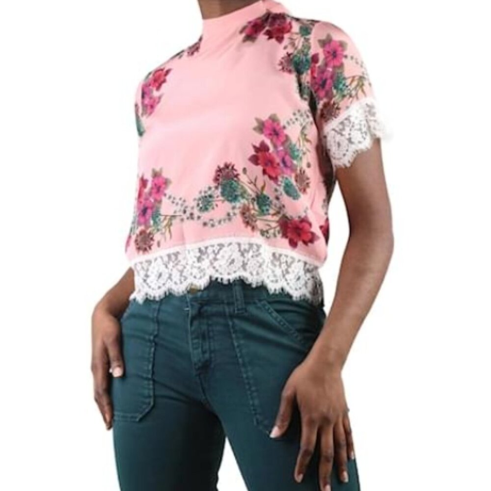 Sandro Pink Silk Lace Trim Floral Print Crop Top Size: S (Orig. $225) - Picture 1 of 5